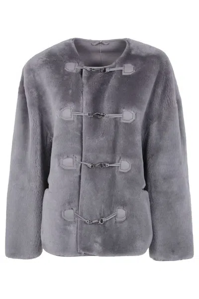 Totême Boxy Lambskin Jacket With Collarless Design In Gray