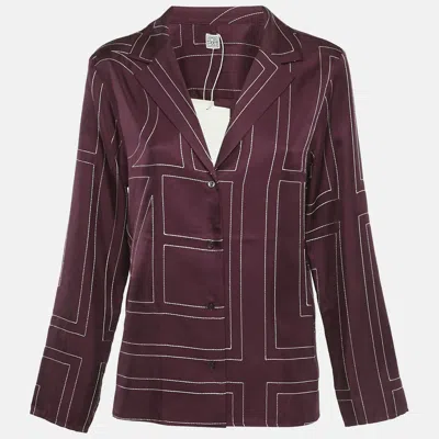 Pre-owned Totême Burgundy Monogram Embroidery Satin Silk Pajama Shirt L