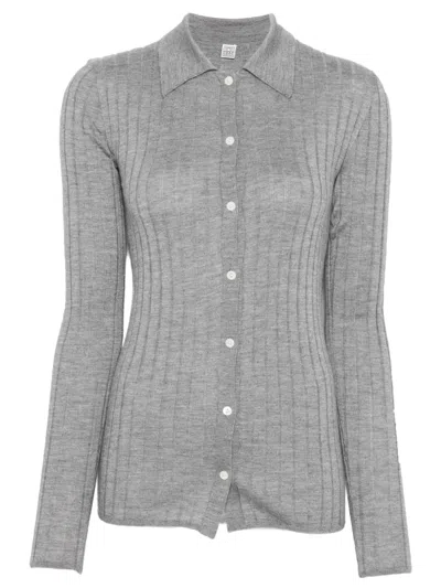 Totême Toteme Cashmere And Silk Rib-trim Cardigan With Button Closure In Gray