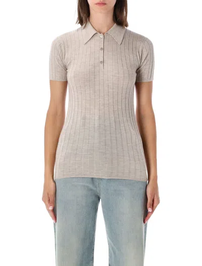 Totême Toteme Cashmere Silk Ribbed Slim Polo With Button Placket In Oat Melange
