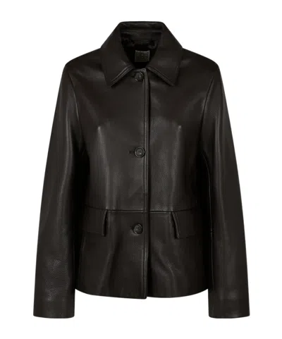 Totême Collared Grained-leather Jacket In Blue