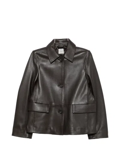 Totême Collared Grained-leather Jacket In Brown