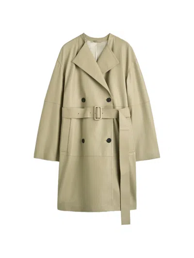Totême Collarless Leather Coat In Neutral