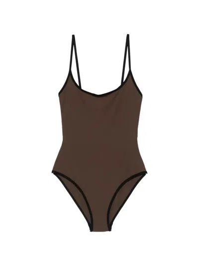 Totême Contrast-trim Swimsuit In Brown