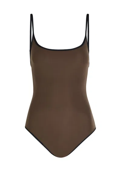 Totême Toteme Contrast-trim Swimsuit In Brown