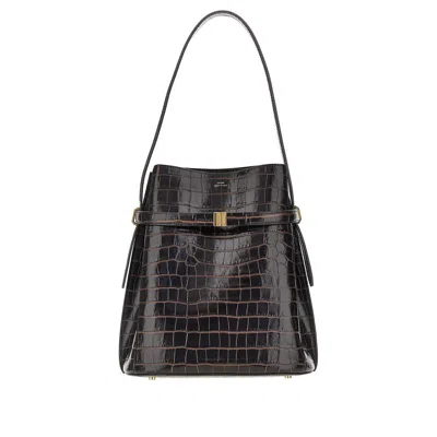 Totême Croco-embossed Leather Belted Bucket Bag In Black