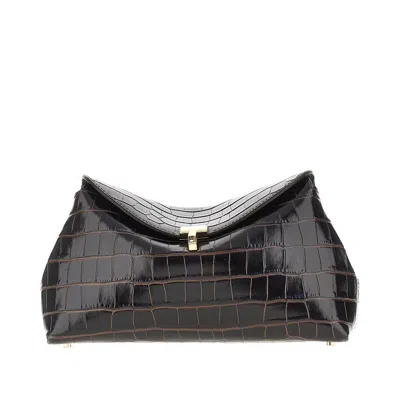 Totême Croco-embossed Leather T-lock Clutchc In Black