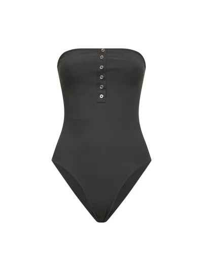 Totême Dark Green Ribbed Stretch Jersey Strapless One-piece Swimsuit