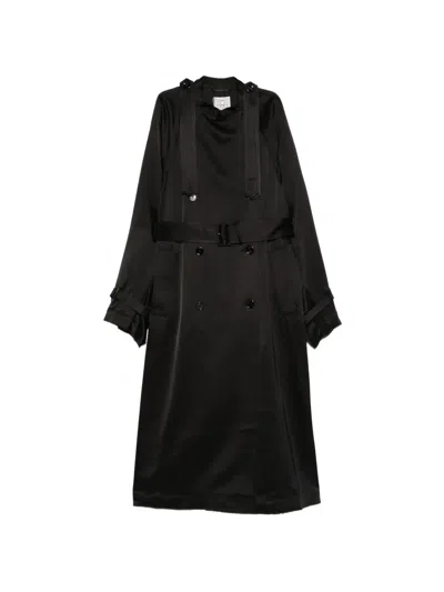 Totême Double-breasted Draped Satin Trench Coat In Black