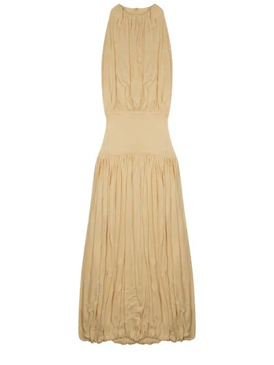 Totême Draped Midi Dress With Gathered Bodice And Bubble Hem In Brown