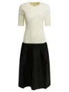 Totême Twinflower Gathered Ribbed-knit And Wool And Silk-blend Crepe Midi Dress In Neutral