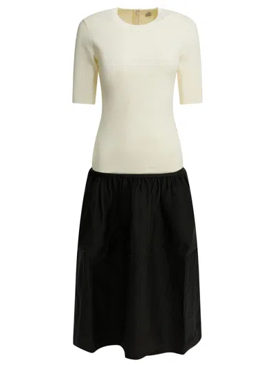 Totême Twinflower Gathered Ribbed-knit And Wool And Silk-blend Crepe Midi Dress In White