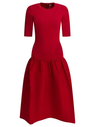 Totême Twinflower Gathered Ribbed-knit And Wool And Silk-blend Crepe Midi Dress In Red