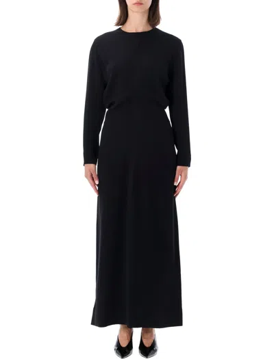 Totême Toteme Effortlessly Elegant Matte Cady Slouch-waist Draped Long-sleeve Ankle-length Dress In Black