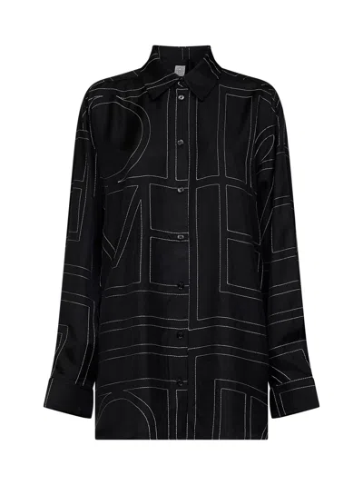 Totême Toteme Embroidered Monogram Silk Shirt In Black