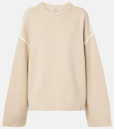 Totême Embroidered Wool, Cashmere, And Cotton Sweater In Neutral