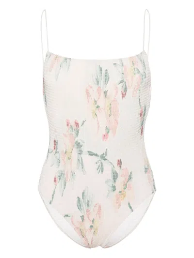 Totême Floral-print Smocked Swimsuit In Neutrals