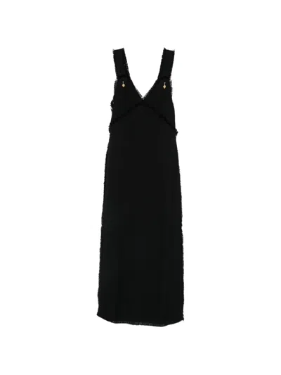 Totême Frayed-edges V-neck Midi Dress In Black