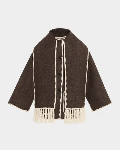 Totême Fringe Embroidered Scarf Wool Jacket In Brown