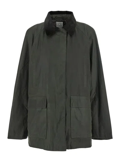 Totême Green Jacket With Corduroy Collar And Rear English Vents In Cotton Woman In Black