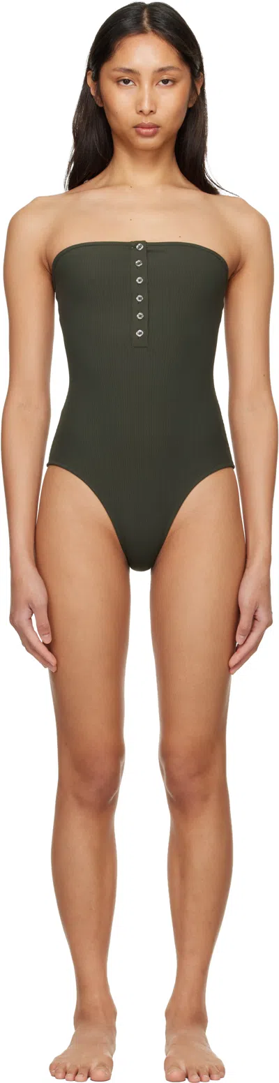 Totême Ribbed Strapless Swimsuit Dark Green