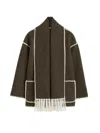 Totême Womens Chocolate Melange Embroidered-trim Scarf Wool-blend Jacket