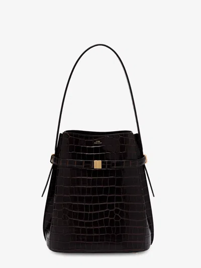 Totême Leather Bucket Bag With Croco Effect In Brown