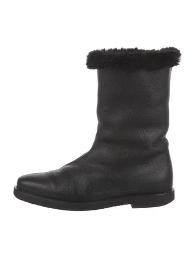 Pre-owned Totême Leather Faux Fur Trim Boots In Black