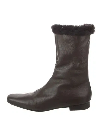 Pre-owned Totême Leather Faux Fur Trim Moto Boots In Brown