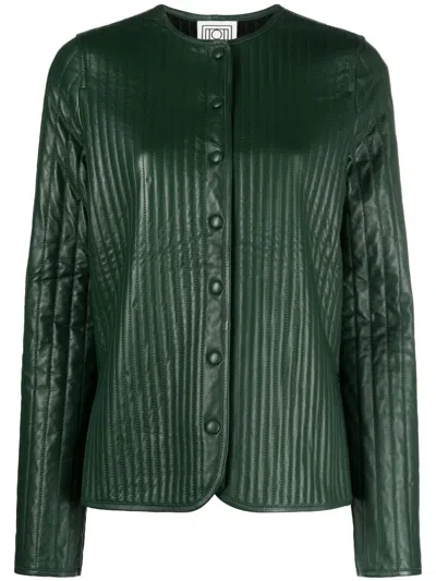 Totême Quilted Press-stud Leather Jacket In Green