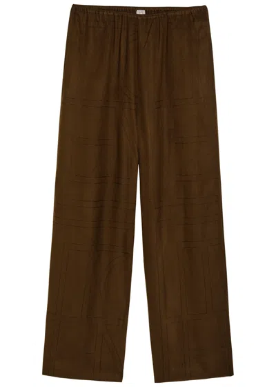 Totême Toteme Logo-embroidered Flannel Trousers In Brown