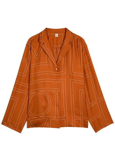 Totême Toteme Logo-embroidered Silk-satin Shirt In Brown