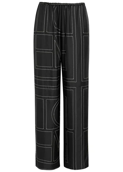 Totême Toteme Logo-embroidered Silk-satin Trousers In Black