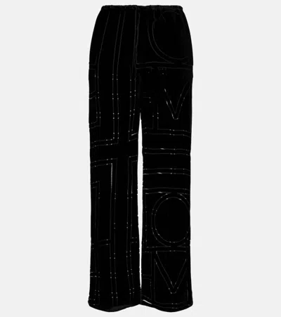 Totême Logo Velvet Wide-leg Pants In Black