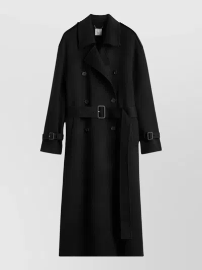 Totême Long Wool Coat Belted Waist Buckle Buttons In Black