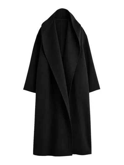 Totême Long Wool Coat With Hood In Black