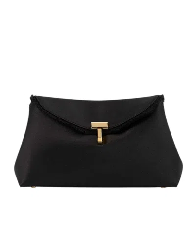 Totême Mini T-lock Frayed Satin Clutch Black