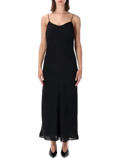 Totême Toteme Minimal Silk Slip Dress With Tulle Trim, Straight Neckline & Long Fluid Silhouette In Black