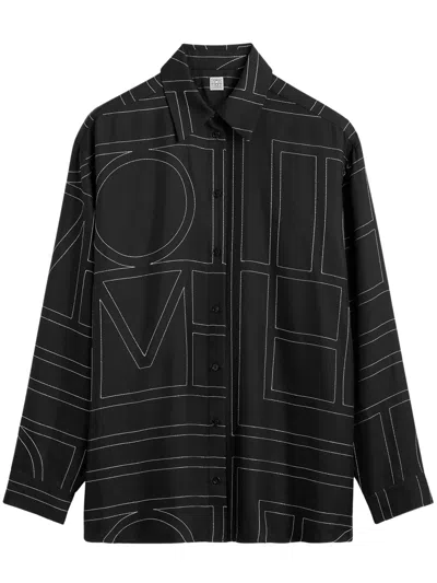 Totême Toteme Monogram Silk Shirt With Classic Collar In Black