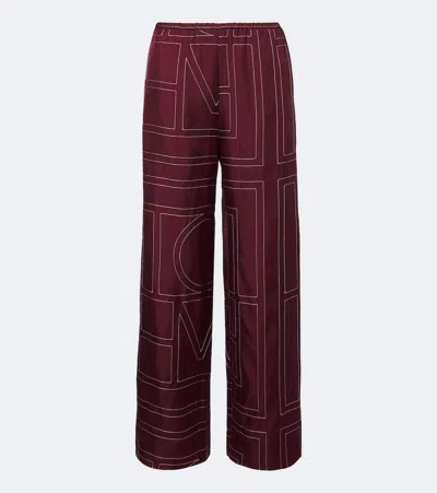 Totême Monogram Silk Twill Wide-leg Pants In Burgundy