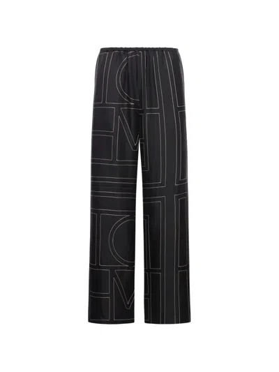 Totême Toteme Black Monogram Silk Pajama Trousers In Animal Print