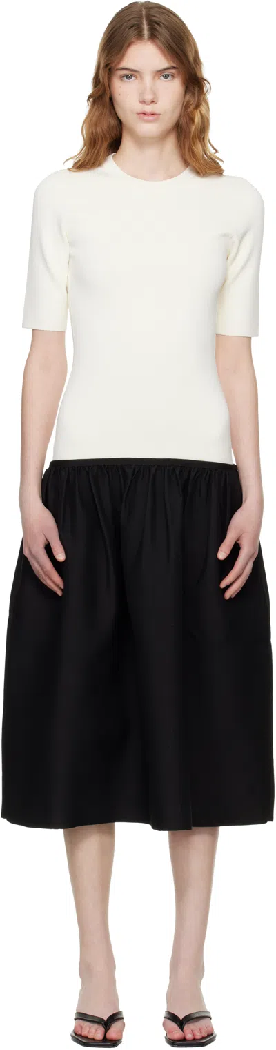 Totême Twinflower Gathered Ribbed-knit And Wool And Silk-blend Crepe Midi Dress In Neutral