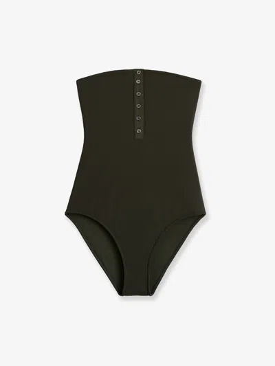 Totême Dark Green Ribbed Stretch Jersey Strapless One-piece Swimsuit In Gray