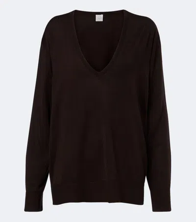 Totême Toteme Brown Vneck Sweater In Lyocell And Cashmere In Yellow