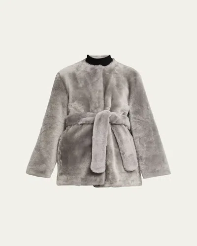 Totême Plush Shearling Belted Coat In Gray