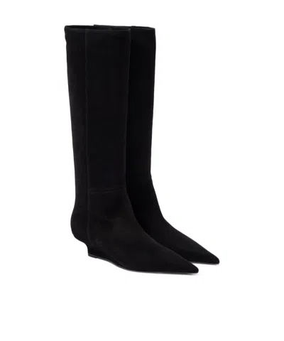Totême Black Suede Knee-high Boots With Low Heel