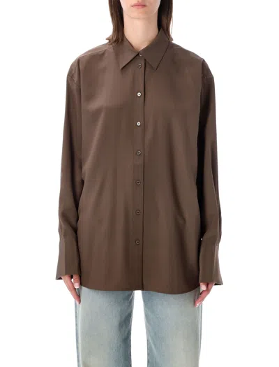 Totême Toteme Relaxed Silk Crepe Shirt With Pointed Collar And Curved Hem In Blue