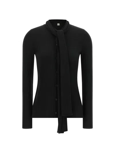 Totême Ribbed Pussy-bow Cardigan In Black