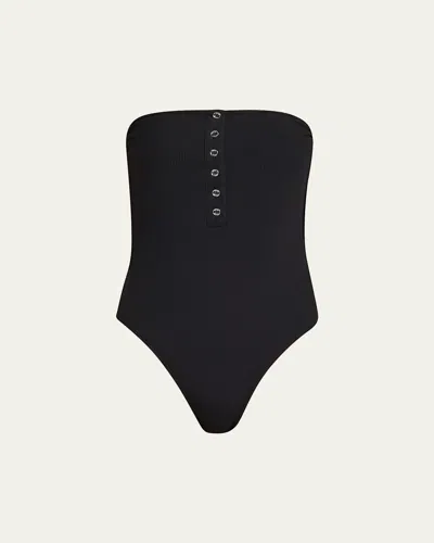 Totême Dark Green Ribbed Stretch Jersey Strapless One-piece Swimsuit In Gray
