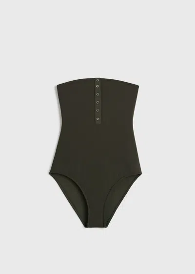Totême Ribbed Strapless Swimsuit Dark Green